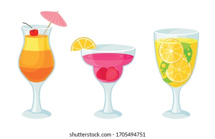 Cool Cocktails Poured in Drinking Glass with Umbrella and Straw Vector Set