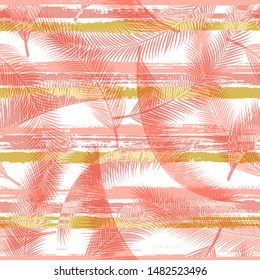 Cool coconut palm leaves tree branches over painted stripes seamless pattern design. Polynesian jungle foliage clothing fabric print. Tropical leaves and stripes seamless.