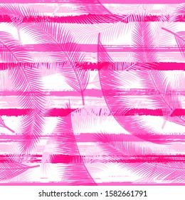 Cool coconut palm leaves tree branches overlapping stripes vector seamless pattern. Brazilian jungle foliage clothing fabric print. Stripes and tropical leaves illustration.