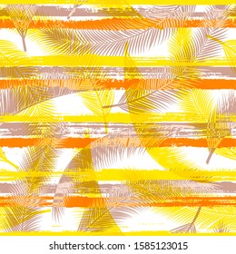 Cool coconut palm leaves tree branches over painted stripes seamless pattern design. Madagascar forest foliage summer fashion print. Tropical leaves silhouettes wallpaper.