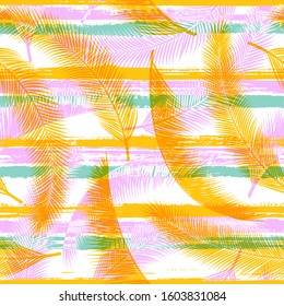 Cool coconut palm leaves tree branches overlaying stripes vector seamless pattern. Brazilian jungle foliage swimwear textile print. Floral tropical leaves seamless design.