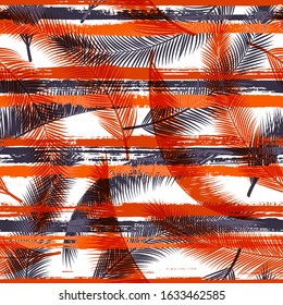 Cool coconut palm leaves tree branches overlaying stripes vector seamless pattern. Caribbean jungle foliage summer fashion print. Floral tropical leaves seamless design.