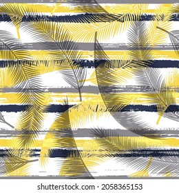 Cool coconut palm leaves tree branches overlapping stripes vector seamless pattern. Polynesian exotic foliage summer fashion print. Tropical leaves silhouettes wallpaper.
