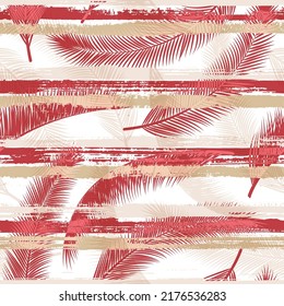 Las ramas de la palmera de coco frío sobre rayas pintadas son un diseño sin fisuras. Huella de moda de verano en la selva caribeña. Hojas tropicales florales de diseño impecable.