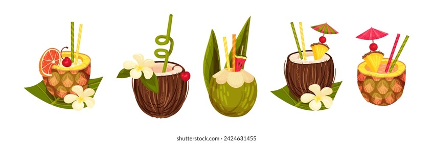 Cool Coconut and Pineapple Cocktail in Shell with Straw Vector Set