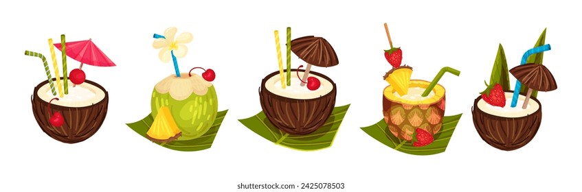Cóctel fresco de coco y piña en Shell con el conjunto de vectores de paja