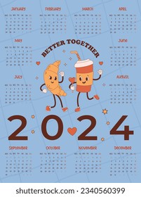 Cool coffee annual calendar 2024 Cute retro couple coffee in paper cup and croissant. Vector vertical template 12 months in English. Week starts on Monday. Stationery, printing, organizer, decor