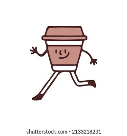 Cool coffee cup mascot character walking, illustration for t-shirt, sticker, or apparel merchandise. With doodle, retro, and cartoon style.