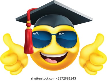 A cool college or school graduate at convocation or professor in sunglasses cartoon emoticon giving a double thumbs up