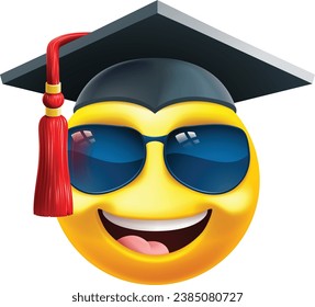 Un colegio genial o graduado escolar en ceremonia o profesor en emoticono de caricatura de gafas de sol