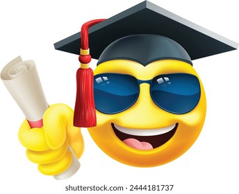 A cool college or school graduate at convocation or professor in sunglasses cartoon emoticon holding a diploma scroll