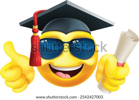 A cool college or school graduate at convocation or professor in sunglasses cartoon emoticon giving a thumbs up and holding a diploma scroll