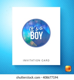 Cool colored its a boy newborn invitation card template in white rectangle over blue gradient with yellow square button in corner