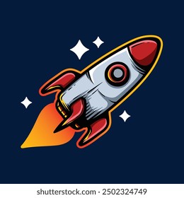 cool colored rocket and the sky space modern logo cartoon coloring vector vintage classic illustration style