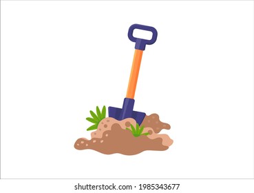 Cool colored shovel with earth mounds. Cartoon vector image of a shovel.