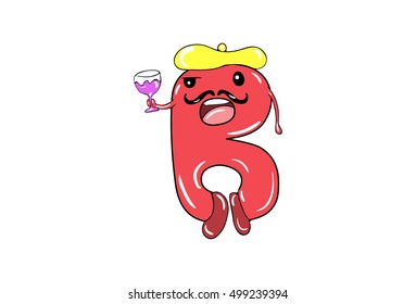 Cool and colorful children alphabet B with mooustaches and WIne in hand . Vector Illustration. Isolated on White