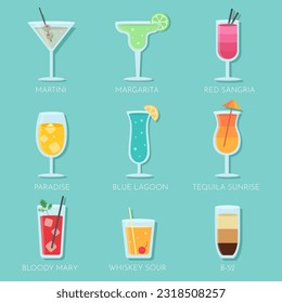 Cool and colorful collection of summer cocktails. Tropical refreshment drinks. Vector illustration.