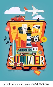 Cool colorful creative concept design on summer travel with opened suitcase, retro cars, surfboards, photo camera, lighthouse, jet liner and more