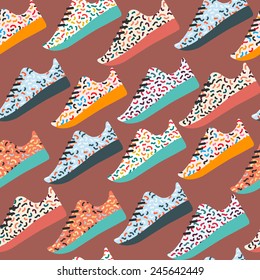 Cool colorful design running shoes seamless pattern. Vector seamless background of sport theme.