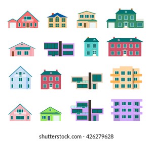 Cool colorful detailed houses icons set. Flat residential building isolated on white. Town house cottage. Real estate. 10 EPS vector illustration
