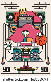 Cool and colorful drawn boom box vector illustration. Hip hop music vector illustration. Urban art vector background. Decorative urban street life and hip hop scene. Hip hop character poster and flyer