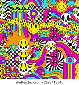 Cool Colorful Groovy Psychedelic Seamless Pattern. Y2k Pop Art Abstract Texture. Cool Acid Funky Background.