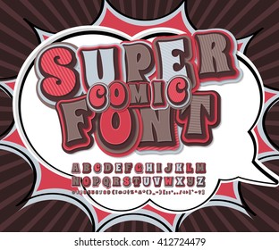 Cool colorful high detail comic font. Alphabet in style of comics, pop art. Multilayer funny letters and figures for decoration of kids' illustrations, websites, posters, comics, banners