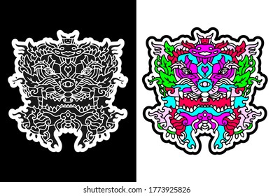 Cool colorful monster doodle illustration for poster, sticker, or apparel merchandise.With vaporwave/synthwave style, aesthetics of 80s.