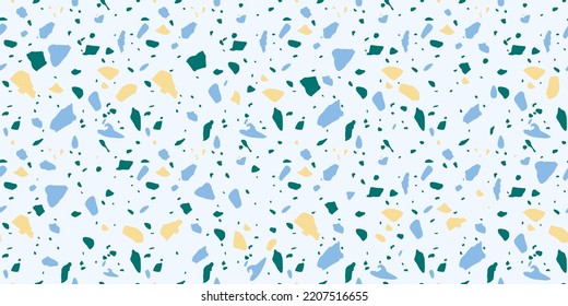 Patrón fresco y colorido sin fisuras con imitación de terrazo veneciano. Textura de mármol realista con fragmentos de piedra. Baldosas modernas y minimalistas para la decoración interior. Ilustración vectorial abstracta de moda