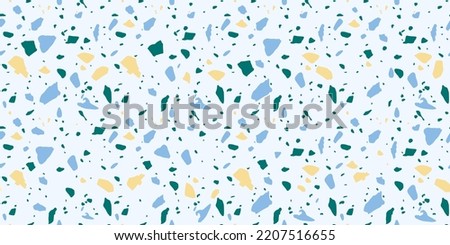 Cool and colorful seamless pattern with Venetian terrazzo imitation. Realistic marble texture with stone fragments. Modern minimalist floor tiles for interior decoration. Trendy abstract vector illust