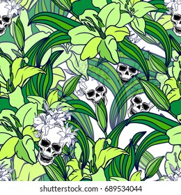Cool colorful seamless vector pattern background illustration with,skulls and lily flowers.Fashion boho chic hipster style.Original teenage design.Halloween creative.Attribute of rock music subculture