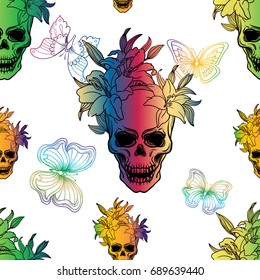 Cool colorful seamless vector pattern background illustration with butterflies, skulls and lily flowers. Rainbow colors. Fashion boho chic hipster style. Original teenage design. Halloween creative