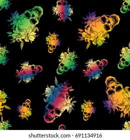 Cool colorful seamless vector pattern background illustration with butterflies,skulls and lily flowers. Rainbow colors. Fashion boho chic hipster style. Original teenage design. Halloween creative