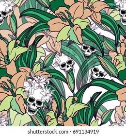 Cool colorful seamless vector pattern background illustration with butterflies,skulls and lily flowers. Rainbow colors. Fashion boho chic hipster style. Original teenage design. Halloween creative