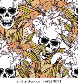 Cool colorful seamless vector pattern background illustration with,skulls and lily flowers.Fashion boho chic hipster style.Original teenage design.Halloween creative.Attribute of rock music subculture