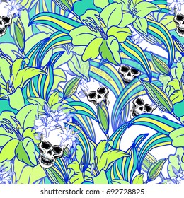 Cool colorful seamless vector pattern background illustration with,skulls and lily flowers.Fashion boho chic hipster style.Original teenage design.Halloween creative.Attribute of rock music subculture