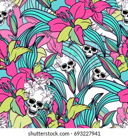 Cool colorful seamless vector pattern background illustration with,skulls and lily flowers.Fashion boho chic hipster style.Original teenage design.Halloween creative.Attribute of rock music subculture