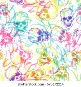 Cool colorful seamless vector pattern background illustration with skulls and handcrafted brush texture. Pastel colors. Fashion boho chic hipster style. Original teenage design