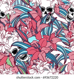 Cool colorful seamless vector pattern background illustration with,skulls and lily flowers.Fashion boho chic hipster style.Original teenage design.Halloween creative.Attribute of rock music subculture