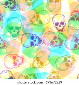 Cool colorful seamless vector pattern background illustration with skulls and watercolor dots. Pastel colors. Fashion boho chic hipster style. Original teenage design