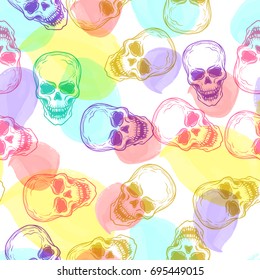 Cool colorful seamless vector pattern background illustration with skulls and watercolor dots. Pastel colors. Fashion boho chic hipster style. Original teenage design