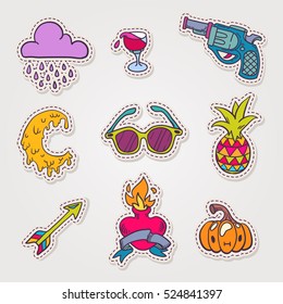 Cool colorful set of hand-drawn doodle stickers, eyeglasses, pineapple, moon, vine, revolver, rain, arrow, pumpkin in cartoon style