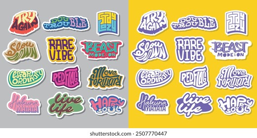 Cool Colorful Short Quotes Vector Stickers. Collection of Hand Drawn Groovy Typography