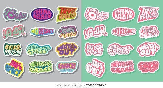Cool Colorful Short Quotes Vector Stickers. Collection of Hand Drawn Groovy Typography