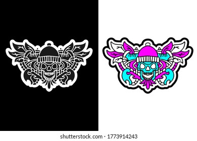 Cool colorful skull doodle illustration for poster, t shirt, sticker, or apparel merchandise.With vaporwave/synthwave style, aesthetics of 80s.