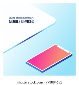Dispositivo móvil colorido fresco del smartphone, Ilustración vectorial isométrica portátil