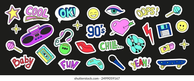 Cool Colorful Sticker Collection of 90s. Retro devices and stuff badges. Hand drawn doodle trendy patches. 1990s 00s graphic design vector illustration