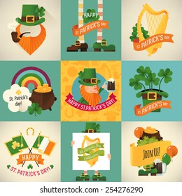 Cool colorful vector Saint Patrick's day design items. Ideal for your party invitations, greeting cards and posters. Featuring leprechaun's pot of gold, green hat and golden harp