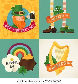 Cool colorful vector Saint Patrick's day design items. Ideal for your party invitations, greeting cards and posters. Featuring leprechaun portrait, pot of gold at the end of rainbow and golden harp