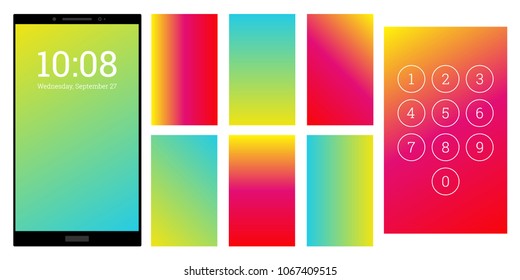 Cool colors gradient screen backgrounds set. Cyan and red numpad and screensaver kit. Vector wallpaper UI template for smartphone display. Device or gadget GUI for app, home or lock screen.